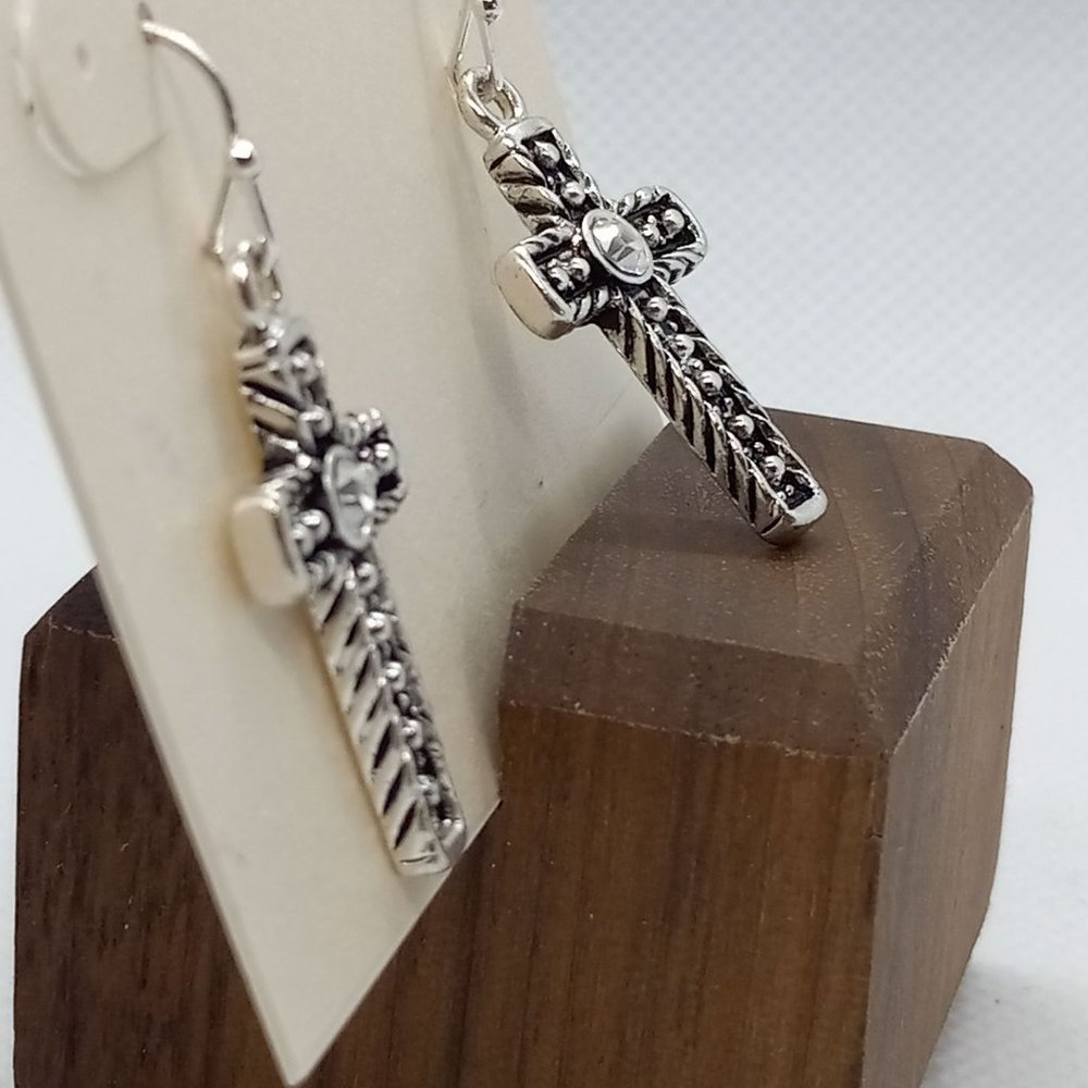 Kim Rogers Antiqued Cross Rhinestone Silver Tone Dangle Wire Pierced Earrings‎